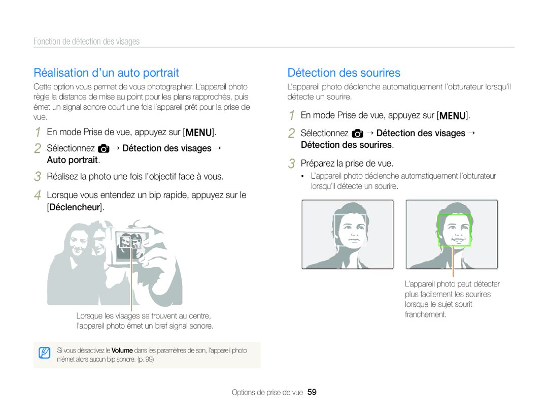 Samsung EC-ST88ZZBPWE1 manual Réalisation d’un auto portrait, Détection des sourires, Fonction de détection des visages 