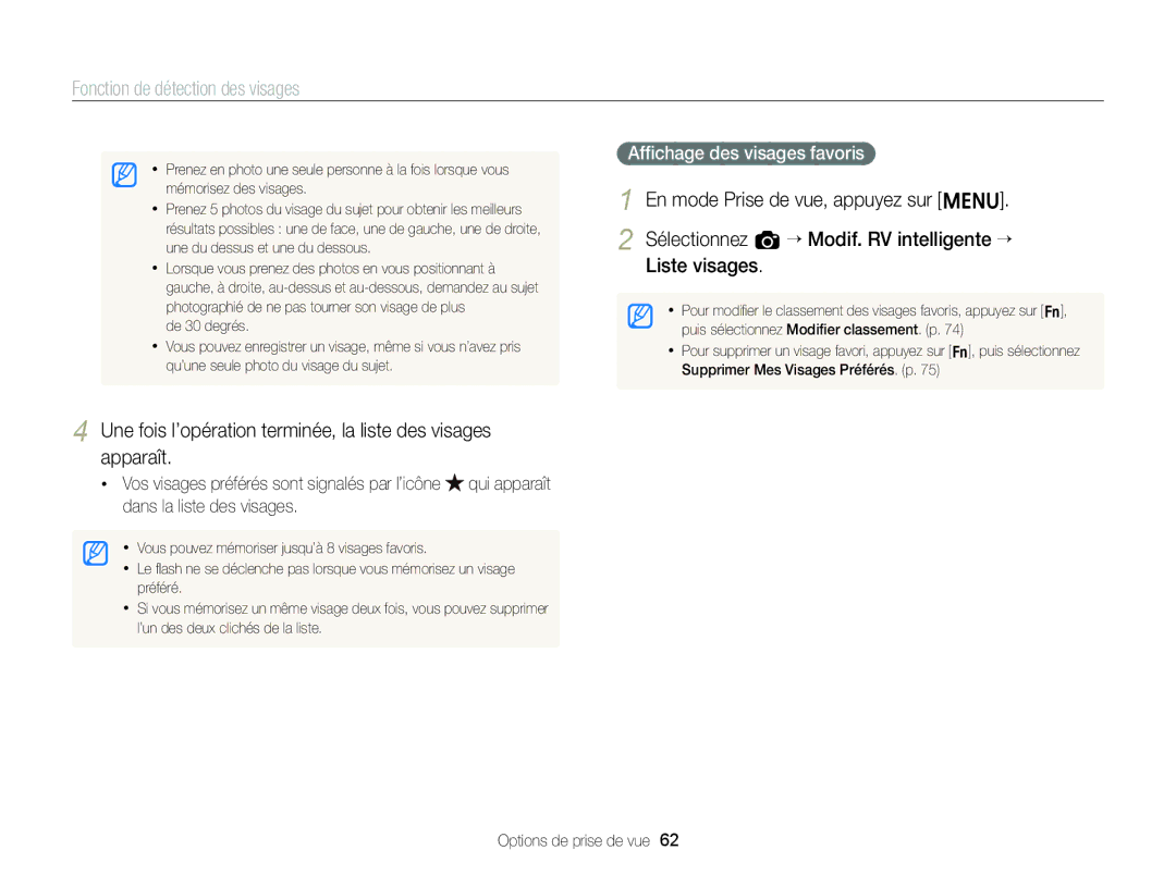 Samsung EC-ST88ZZBPWE1 manual Une fois l’opération terminée, la liste des visages apparaît, Afﬁchage des visages favoris 