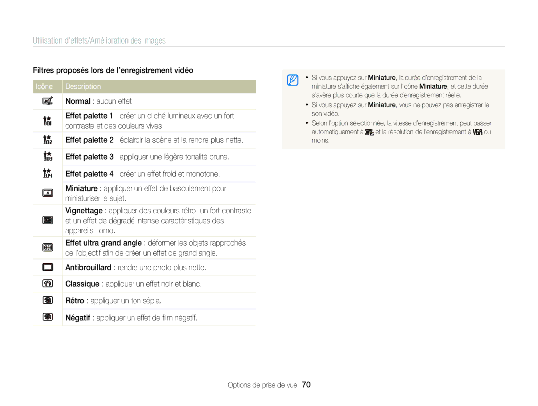 Samsung EC-ST88ZZBPLE1 manual Utilisation d’effets/Amélioration des images, Filtres proposés lors de l’enregistrement vidéo 