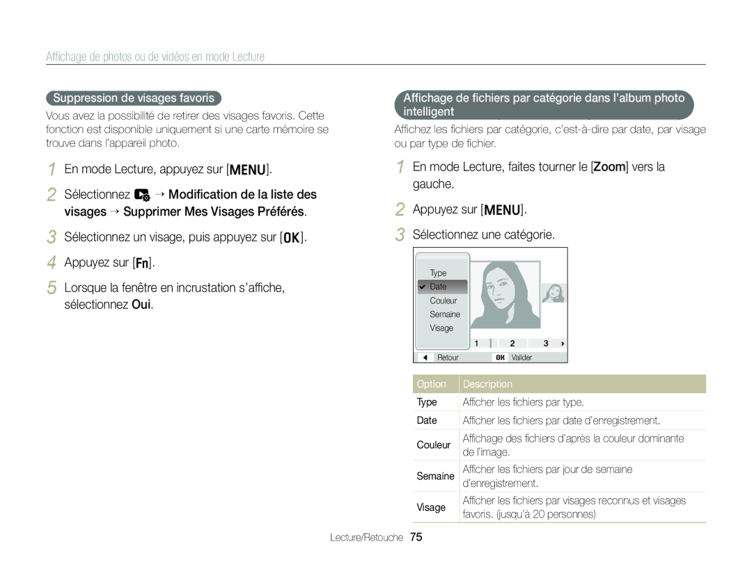 Samsung EC-ST88ZZBPBE1 manual En mode Lecture, appuyez sur m, Sélectionnez un visage, puis appuyez sur o Appuyez sur f 