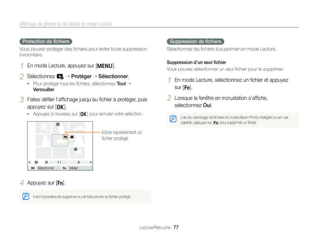 Samsung EC-ST88ZZBPWE1, EC-ST88ZZBPBE1, EC-ST88ZZBPLE1 manual Appuyez sur f, Suppression de ﬁchiers 