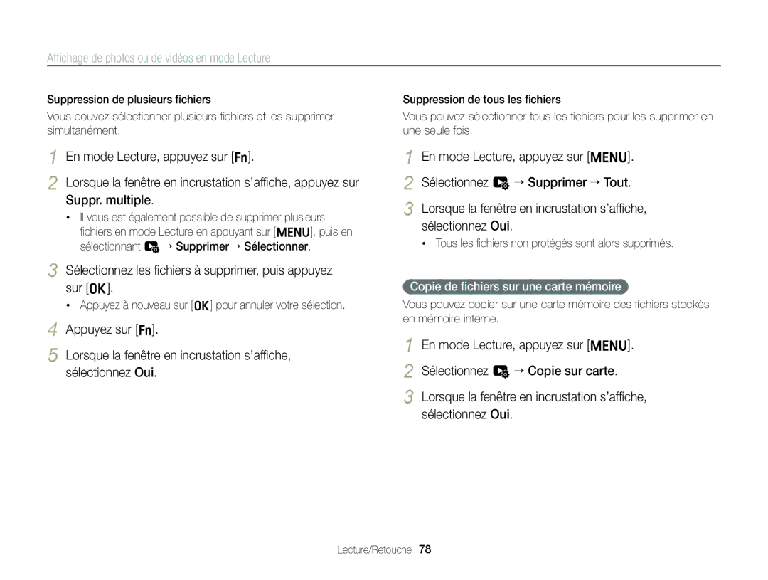 Samsung EC-ST88ZZBPBE1 Sélectionnez les ﬁchiers à supprimer, puis appuyez sur o, Copie de ﬁchiers sur une carte mémoire 