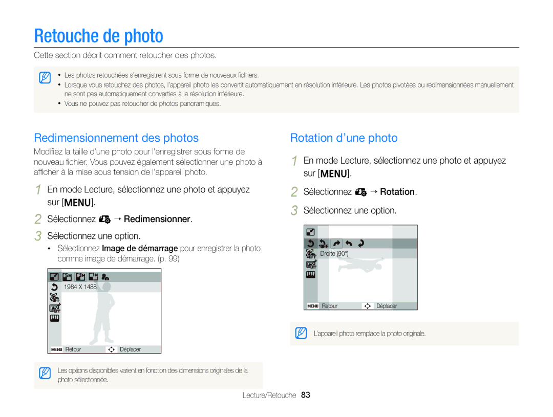 Samsung EC-ST88ZZBPWE1, EC-ST88ZZBPBE1 manual Retouche de photo, Redimensionnement des photos, Rotation d’une photo 