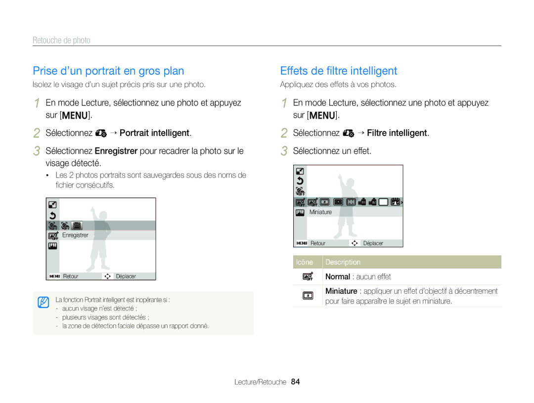 Samsung EC-ST88ZZBPBE1, EC-ST88ZZBPWE1 manual Prise d’un portrait en gros plan, Retouche de photo, Normal aucun effet 