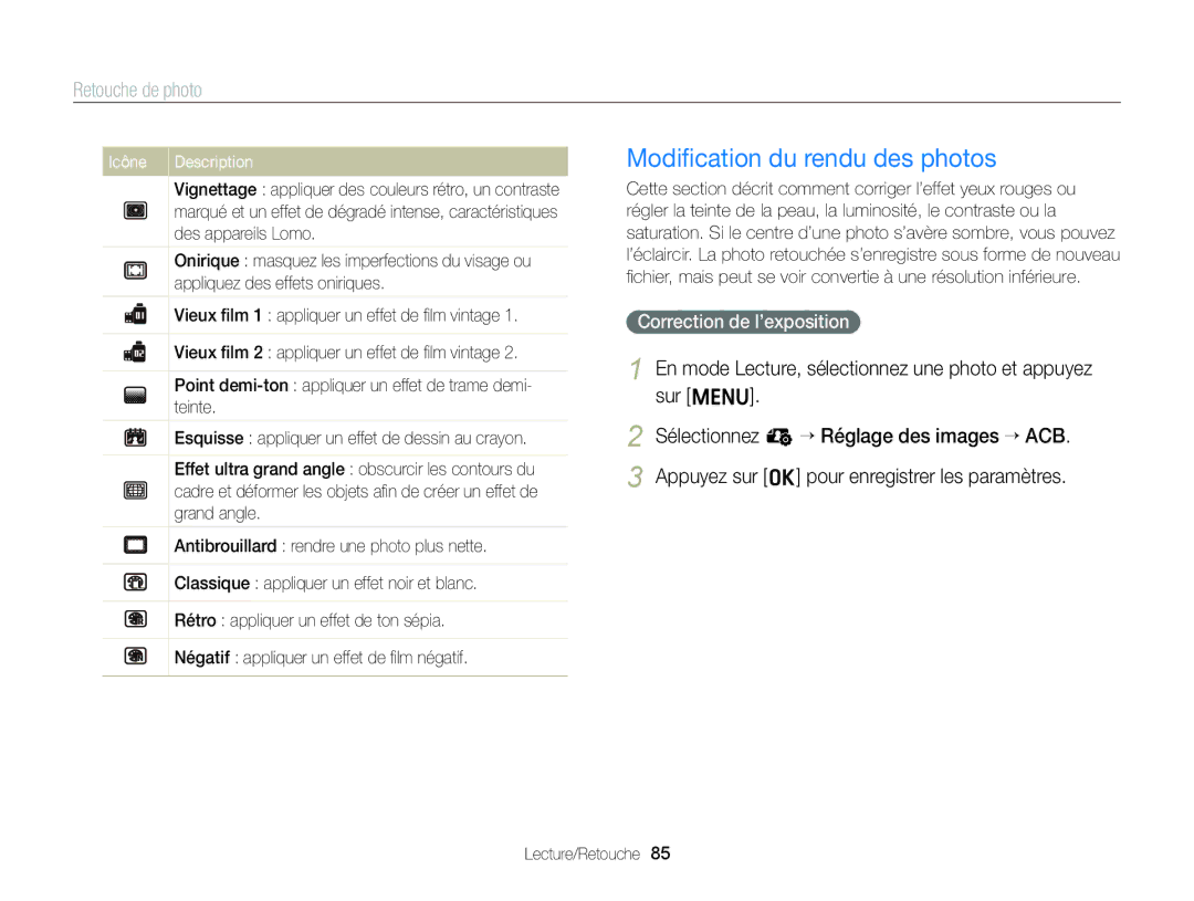 Samsung EC-ST88ZZBPLE1 manual Modiﬁcation du rendu des photos, En mode Lecture, sélectionnez une photo et appuyez sur m 