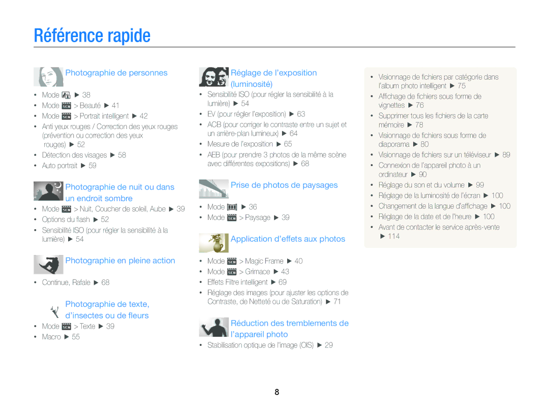 Samsung EC-ST88ZZBPWE1, EC-ST88ZZBPBE1, EC-ST88ZZBPLE1 manual Référence rapide, Photographie de personnes 