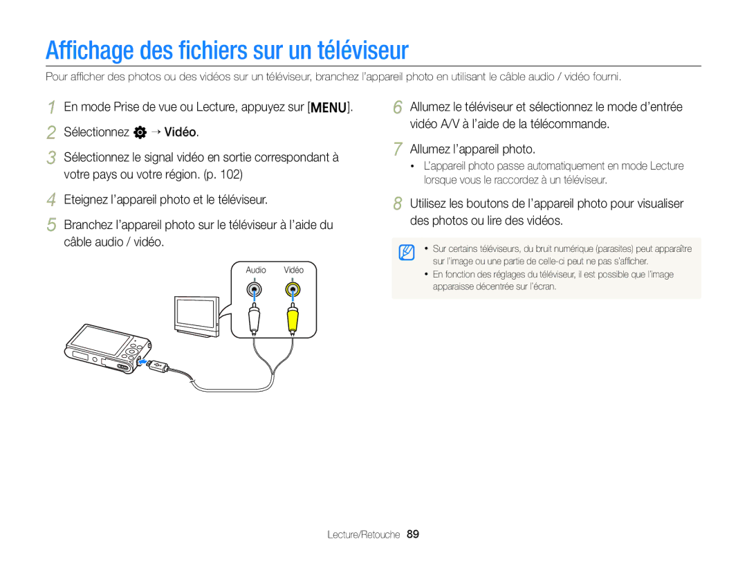 Samsung EC-ST88ZZBPWE1, EC-ST88ZZBPBE1, EC-ST88ZZBPLE1 manual Afﬁchage des ﬁchiers sur un téléviseur 