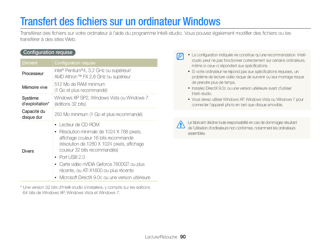 Samsung EC-ST88ZZBPBE1, EC-ST88ZZBPWE1 Transfert des ﬁchiers sur un ordinateur Windows, Elément Conﬁguration requise 