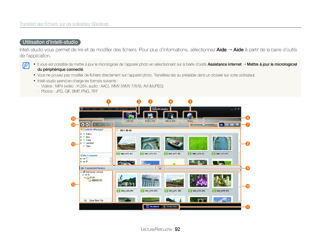 Samsung EC-ST88ZZBPWE1, EC-ST88ZZBPBE1 manual Transfert des ﬁchiers sur un ordinateur Windows, Utilisation d’Intelli-studio 