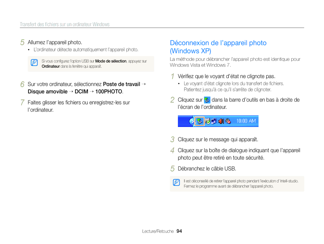 Samsung EC-ST88ZZBPLE1, EC-ST88ZZBPWE1, EC-ST88ZZBPBE1 manual Déconnexion de l’appareil photo Windows XP 