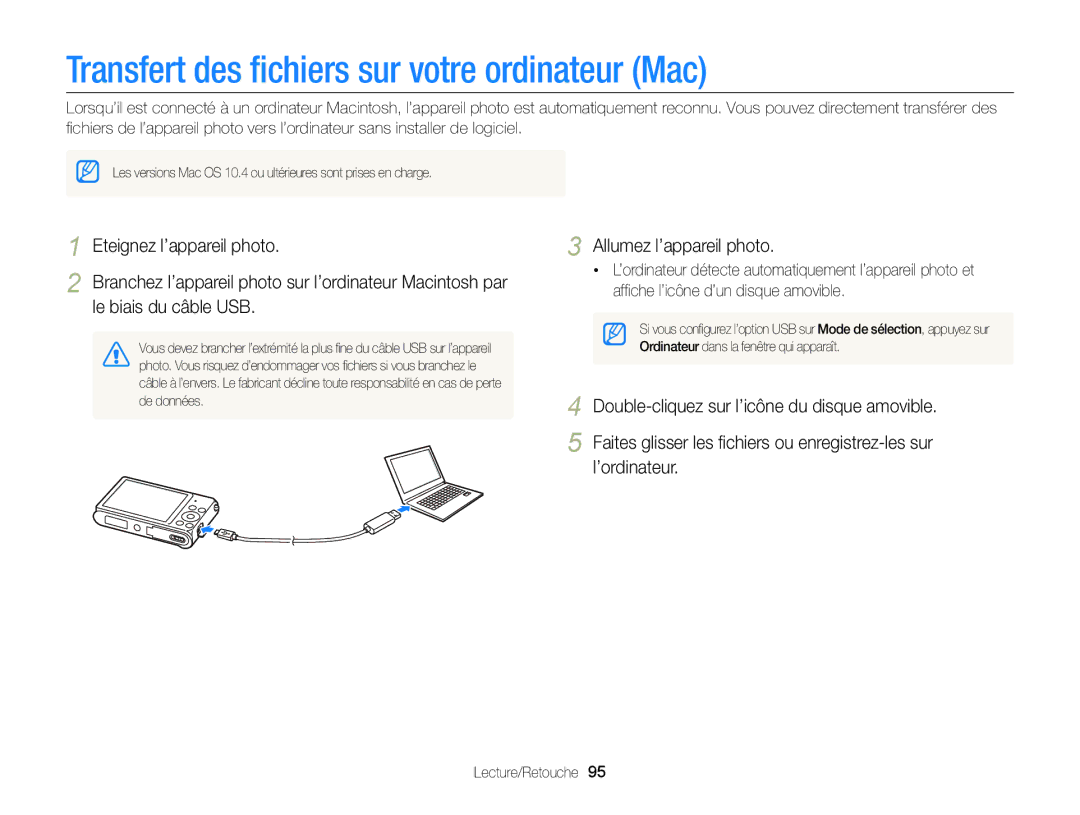 Samsung EC-ST88ZZBPWE1, EC-ST88ZZBPBE1, EC-ST88ZZBPLE1 manual Transfert des ﬁchiers sur votre ordinateur Mac 