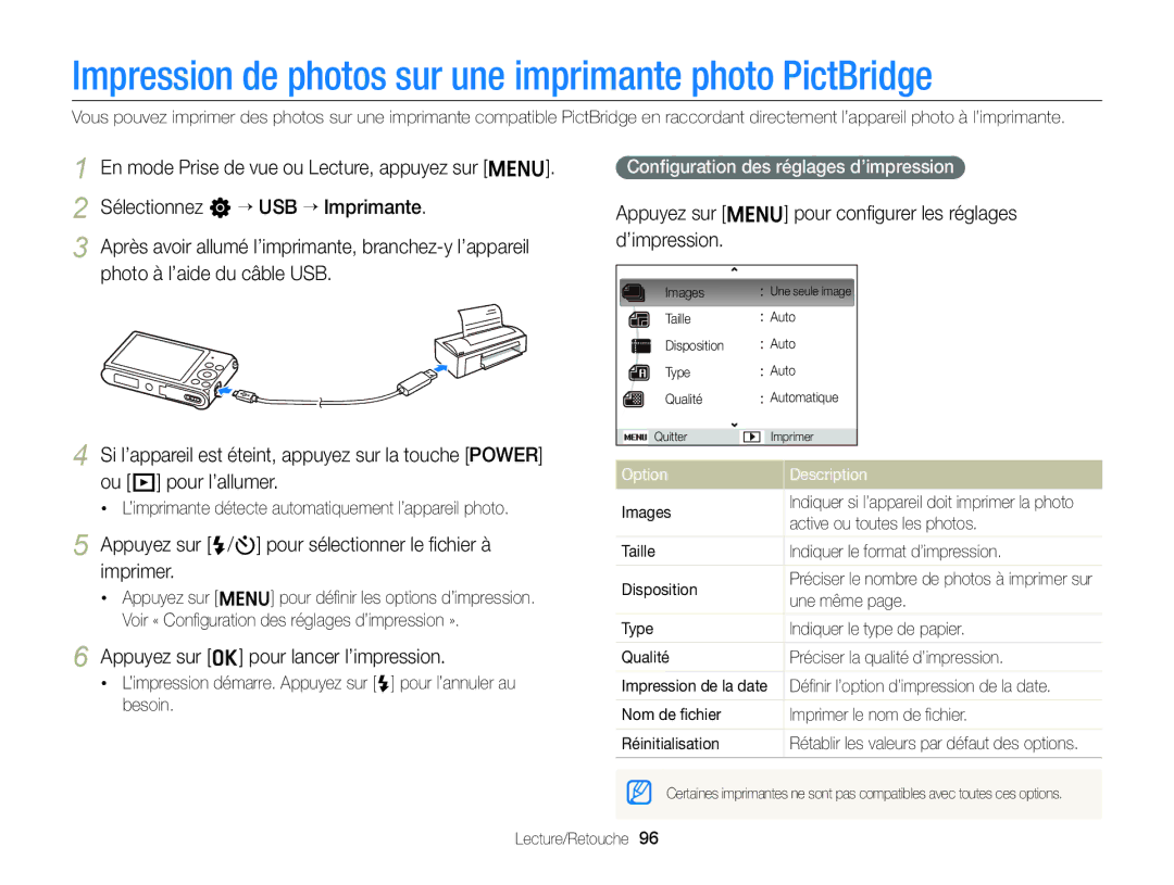 Samsung EC-ST88ZZBPBE1 Impression de photos sur une imprimante photo PictBridge, Appuyez sur o pour lancer l’impression 