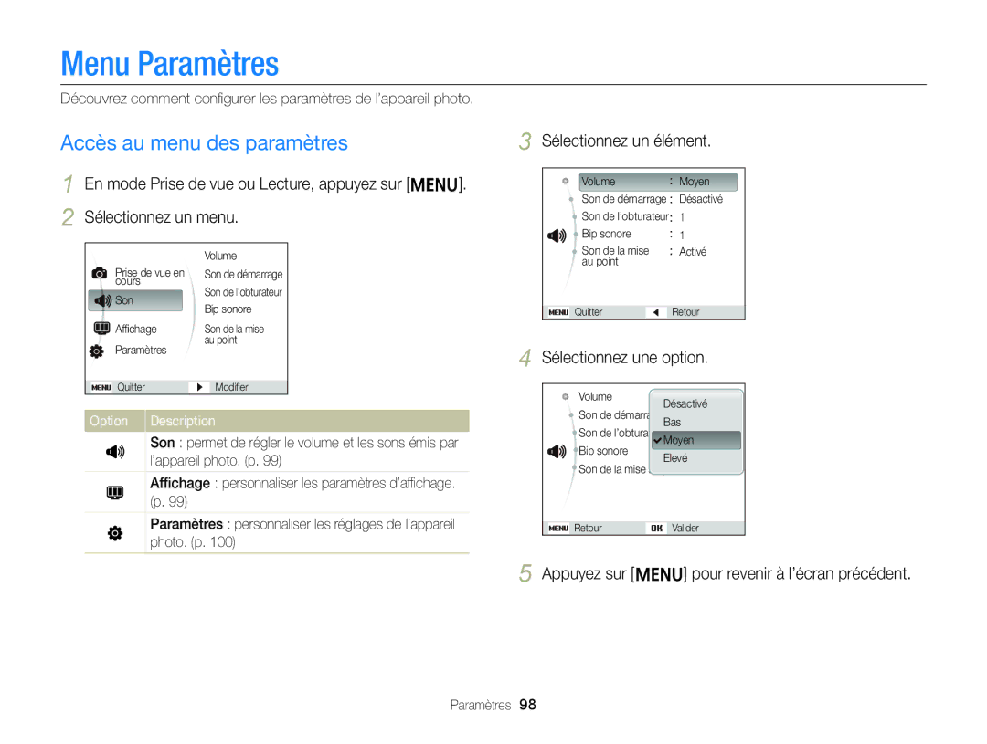 Samsung EC-ST88ZZBPWE1 manual Sélectionnez un élément, Appuyez sur m pour revenir à l’écran précédent, Option, Paramètres 