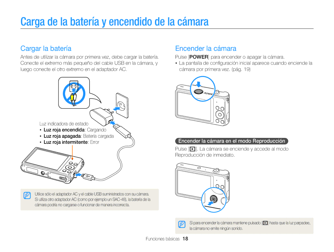 Samsung EC-ST88ZZBPBE1, EC-ST88ZZBPWE1 Carga de la batería y encendido de la cámara, Cargar la batería, Encender la cámara 