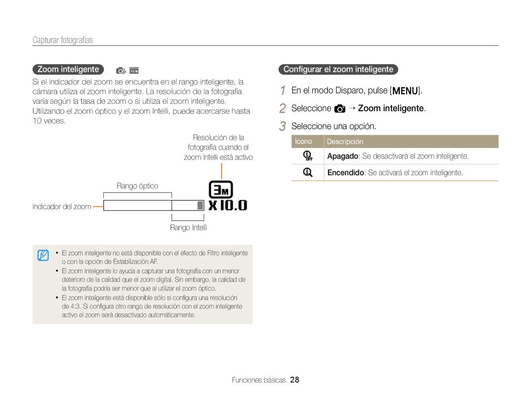 Samsung EC-ST88ZZBPLE1, EC-ST88ZZBPWE1 En el modo Disparo, pulse m Seleccione a “ Zoom inteligente, Zoom inteligente p s 