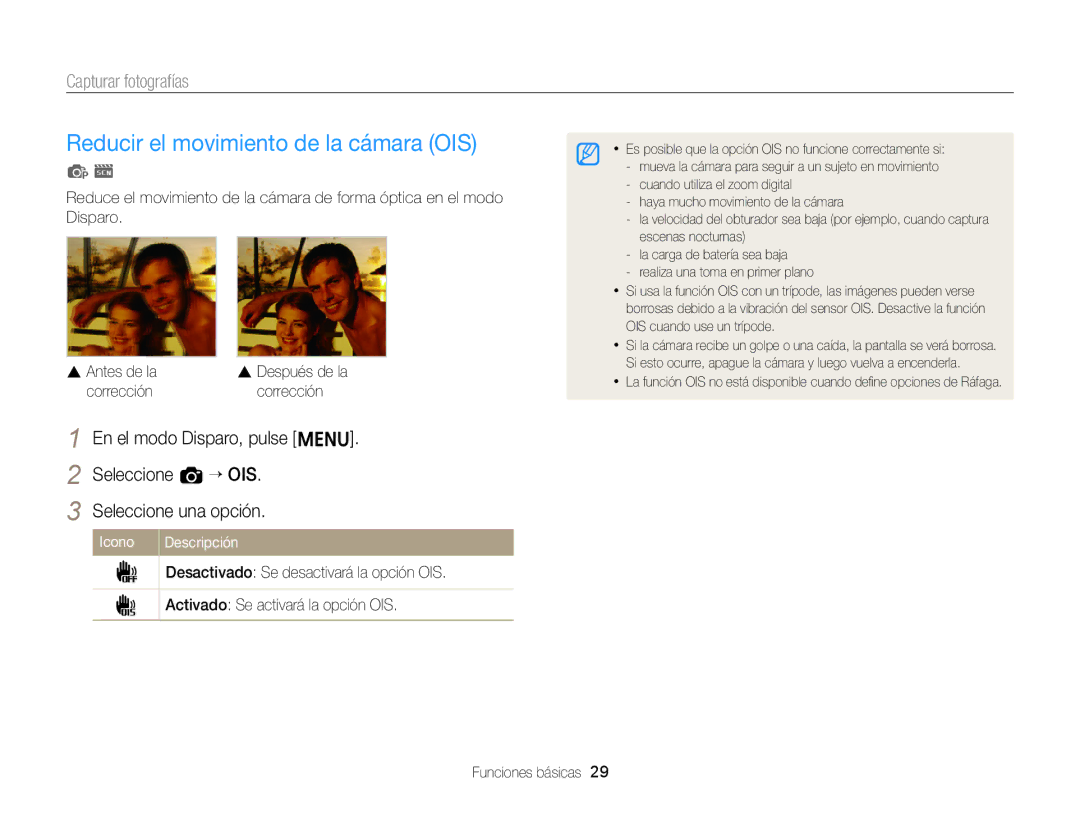 Samsung EC-ST88ZZBPWE1, EC-ST88ZZBPBE1, EC-ST88ZZBPLE1 manual Reducir el movimiento de la cámara OIS, Corrección 