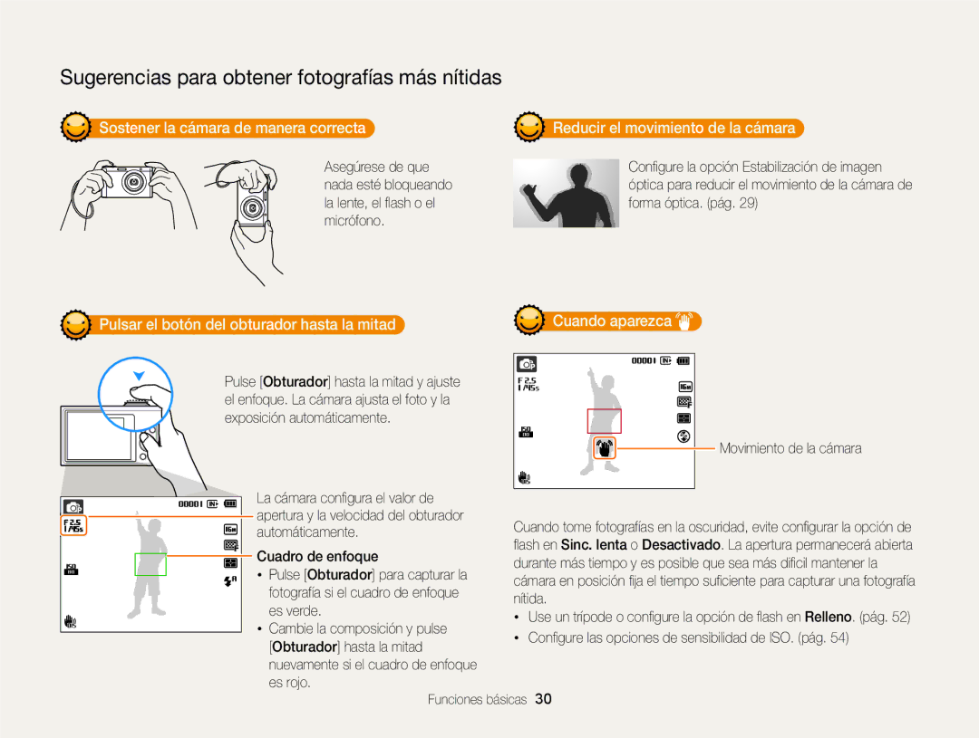 Samsung EC-ST88ZZBPBE1 manual Sostener la cámara de manera correcta, Reducir el movimiento de la cámara, Cuando aparezca 