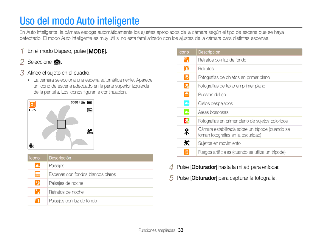 Samsung EC-ST88ZZBPBE1, EC-ST88ZZBPWE1, EC-ST88ZZBPLE1 manual Uso del modo Auto inteligente 