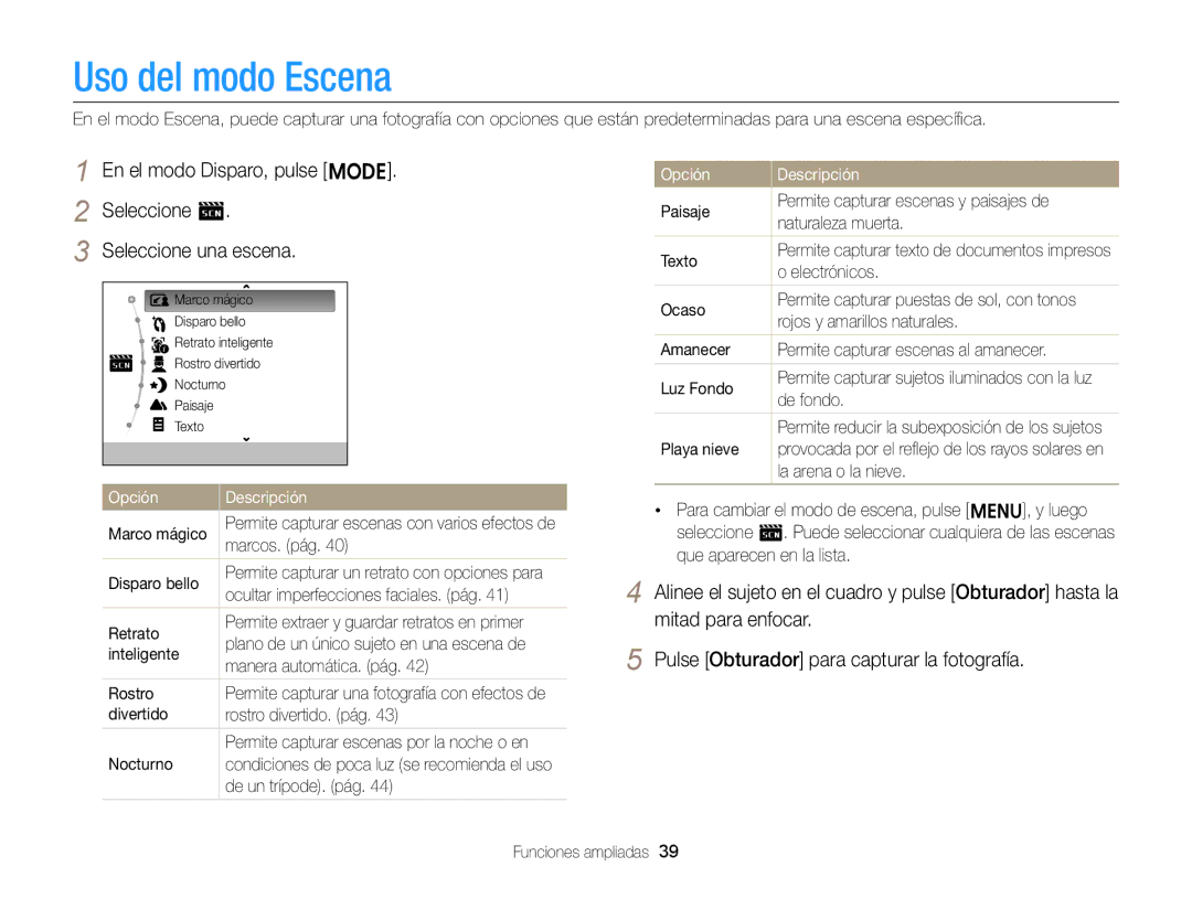 Samsung EC-ST88ZZBPBE1, EC-ST88ZZBPWE1, EC-ST88ZZBPLE1 manual Uso del modo Escena 