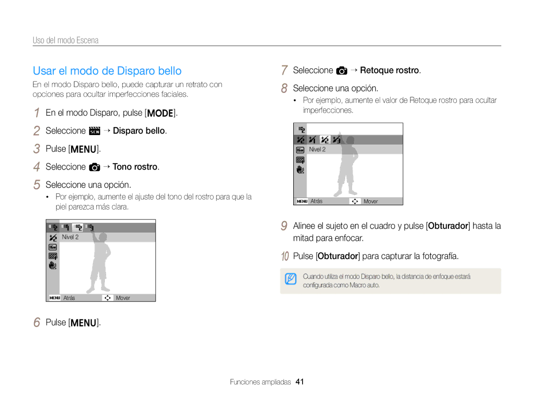 Samsung EC-ST88ZZBPWE1 manual Usar el modo de Disparo bello, Pulse m Seleccione a “ Retoque rostro Seleccione una opción 