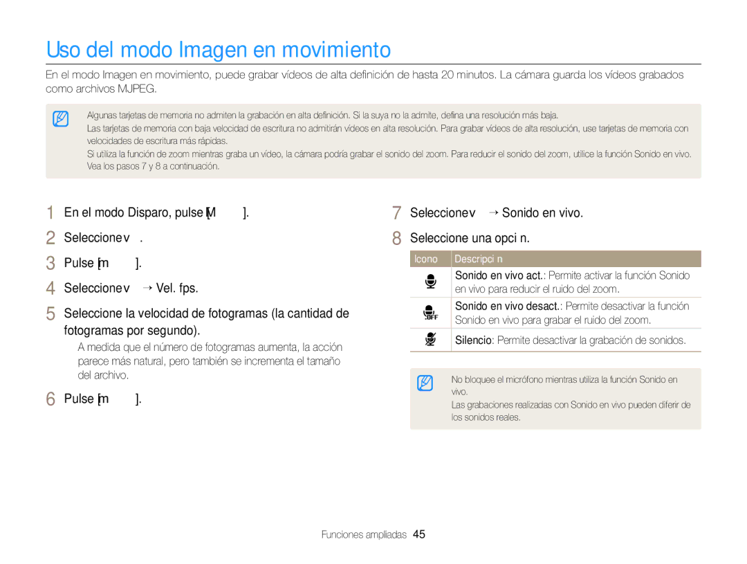 Samsung EC-ST88ZZBPBE1 manual Uso del modo Imagen en movimiento, Silencio Permite desactivar la grabación de sonidos 