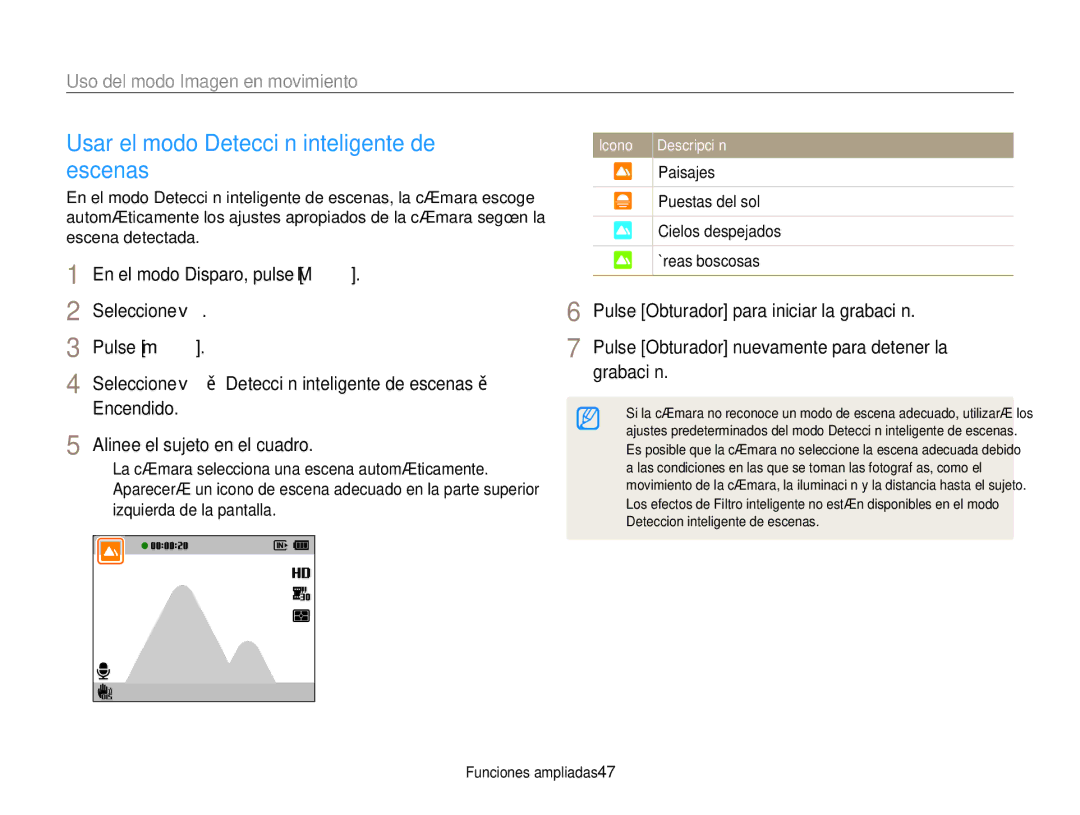 Samsung EC-ST88ZZBPWE1, EC-ST88ZZBPBE1, EC-ST88ZZBPLE1 manual Usar el modo Detección inteligente de escenas 