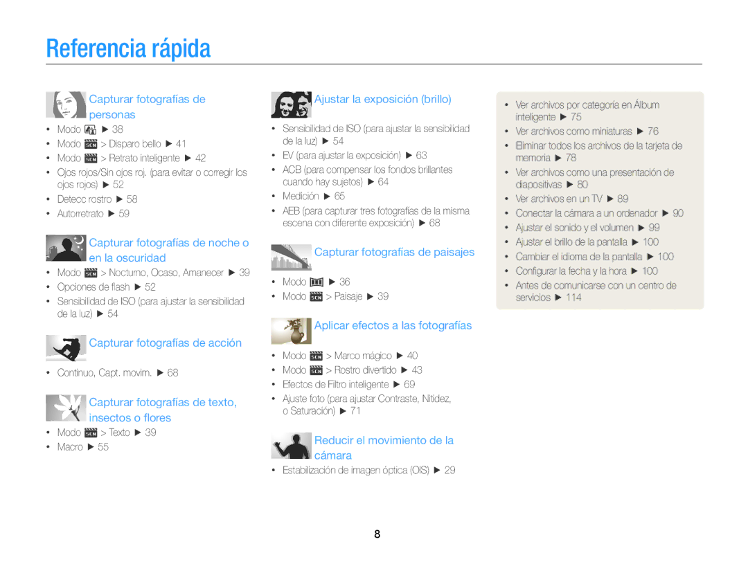 Samsung EC-ST88ZZBPWE1, EC-ST88ZZBPBE1, EC-ST88ZZBPLE1 manual Referencia rápida, Capturar fotografías de personas 