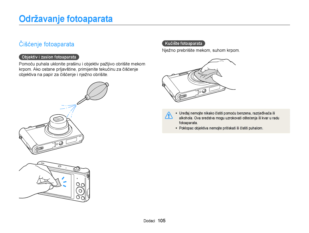 Samsung EC-ST88ZZBPWE3 Održavanje fotoaparata, Čišćenje fotoaparata, Objektiv i zaslon fotoaparata, Kućište fotoaparata 