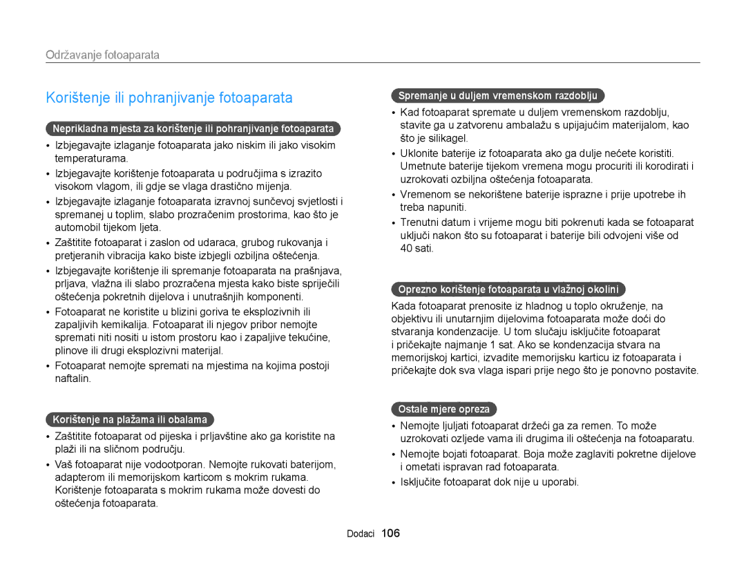 Samsung EC-ST88ZZBPBE3, EC-ST88ZZBPWE3 manual Korištenje ili pohranjivanje fotoaparata, Održavanje fotoaparata 