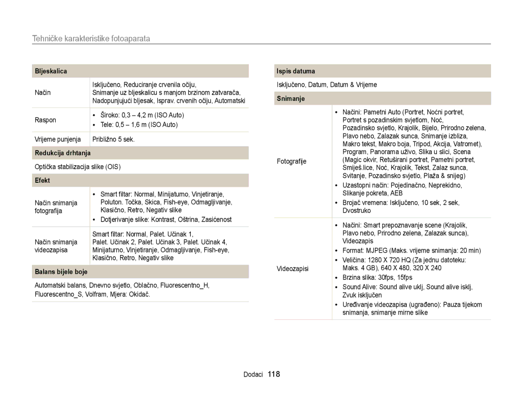 Samsung EC-ST88ZZBPBE3, EC-ST88ZZBPWE3 manual Tehničke karakteristike fotoaparata, Bljeskalica 