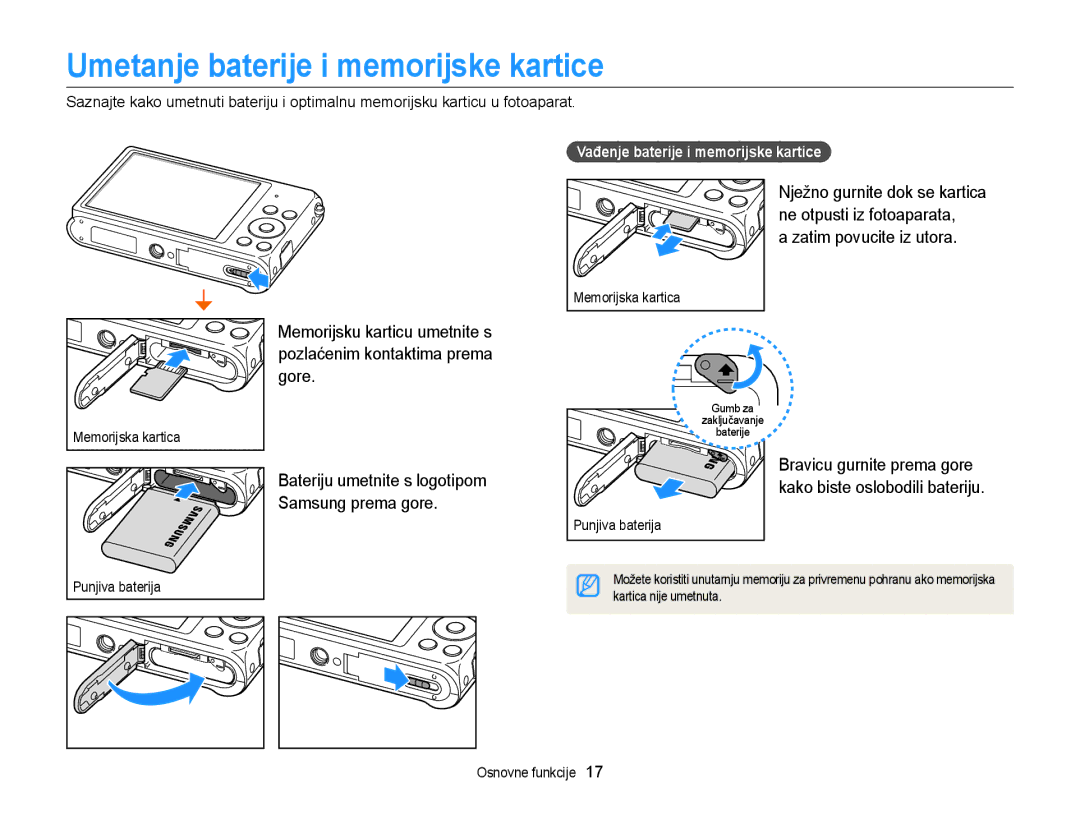 Samsung EC-ST88ZZBPWE3, EC-ST88ZZBPBE3 manual Umetanje baterije i memorijske kartice, Zatim povucite iz utora, Gore 