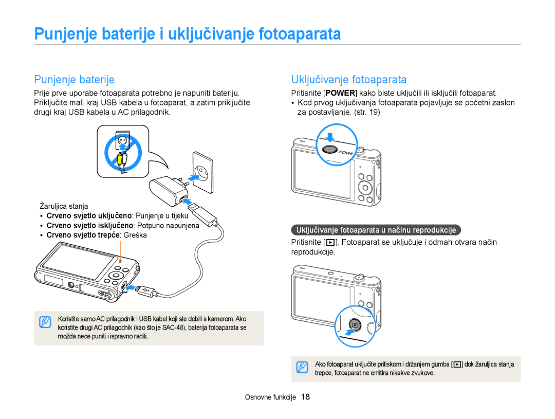 Samsung EC-ST88ZZBPBE3, EC-ST88ZZBPWE3 manual Punjenje baterije i uključivanje fotoaparata, Uključivanje fotoaparata 