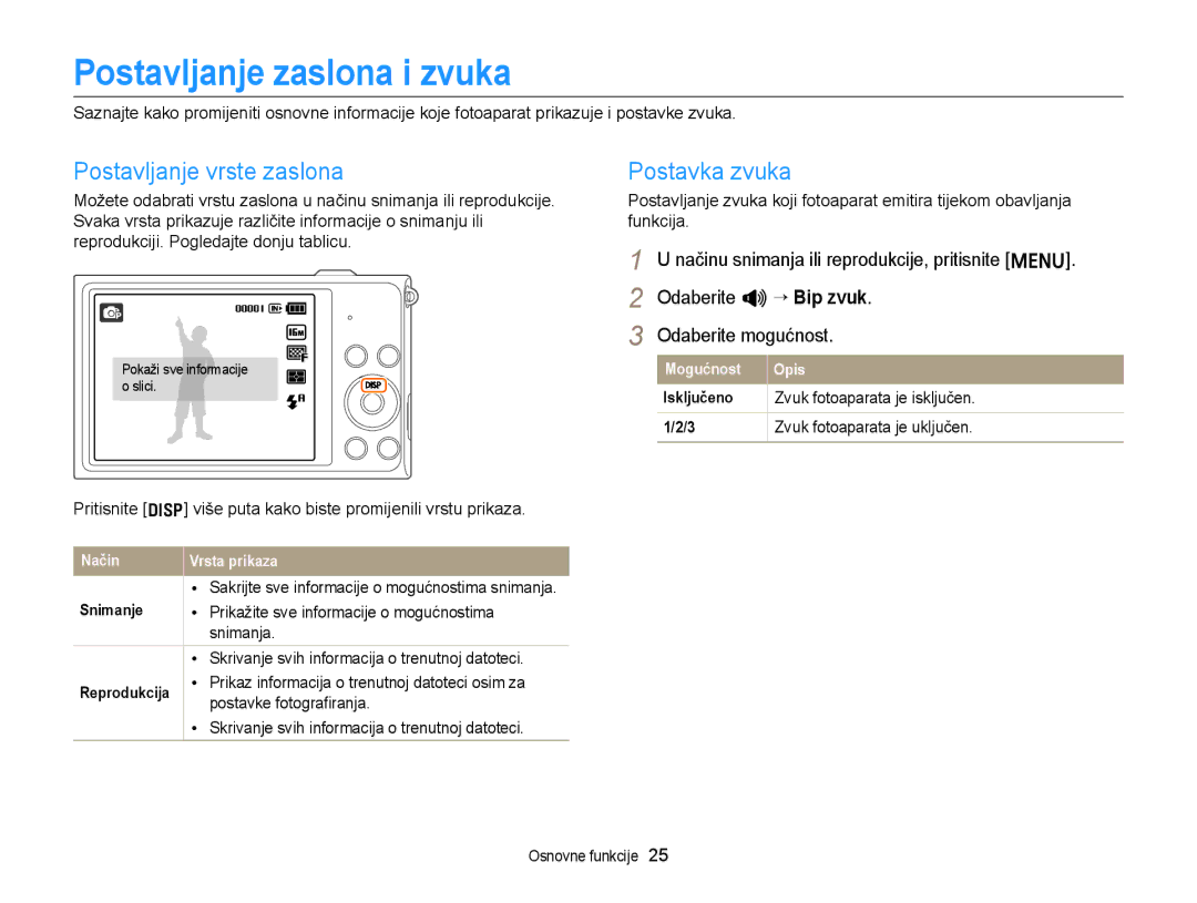 Samsung EC-ST88ZZBPWE3, EC-ST88ZZBPBE3 manual Postavljanje zaslona i zvuka, Postavljanje vrste zaslona, Postavka zvuka 