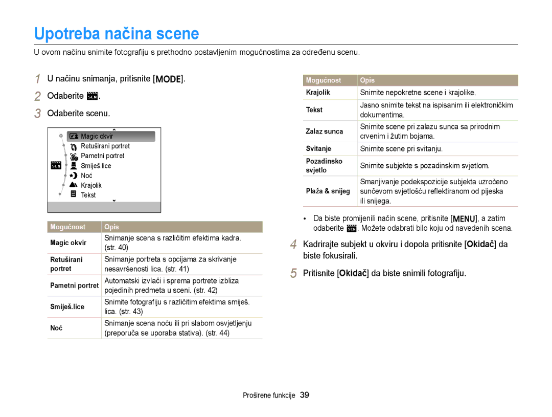 Samsung EC-ST88ZZBPWE3, EC-ST88ZZBPBE3 Upotreba načina scene, Načinu snimanja, pritisnite M Odaberite s Odaberite scenu 