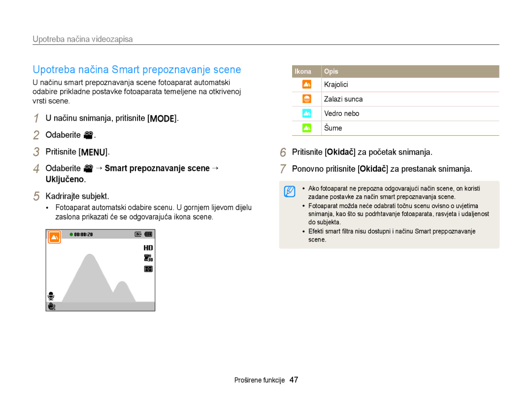 Samsung EC-ST88ZZBPWE3 Upotreba načina Smart prepoznavanje scene, Načinu snimanja, pritisnite M Odaberite Pritisnite m 