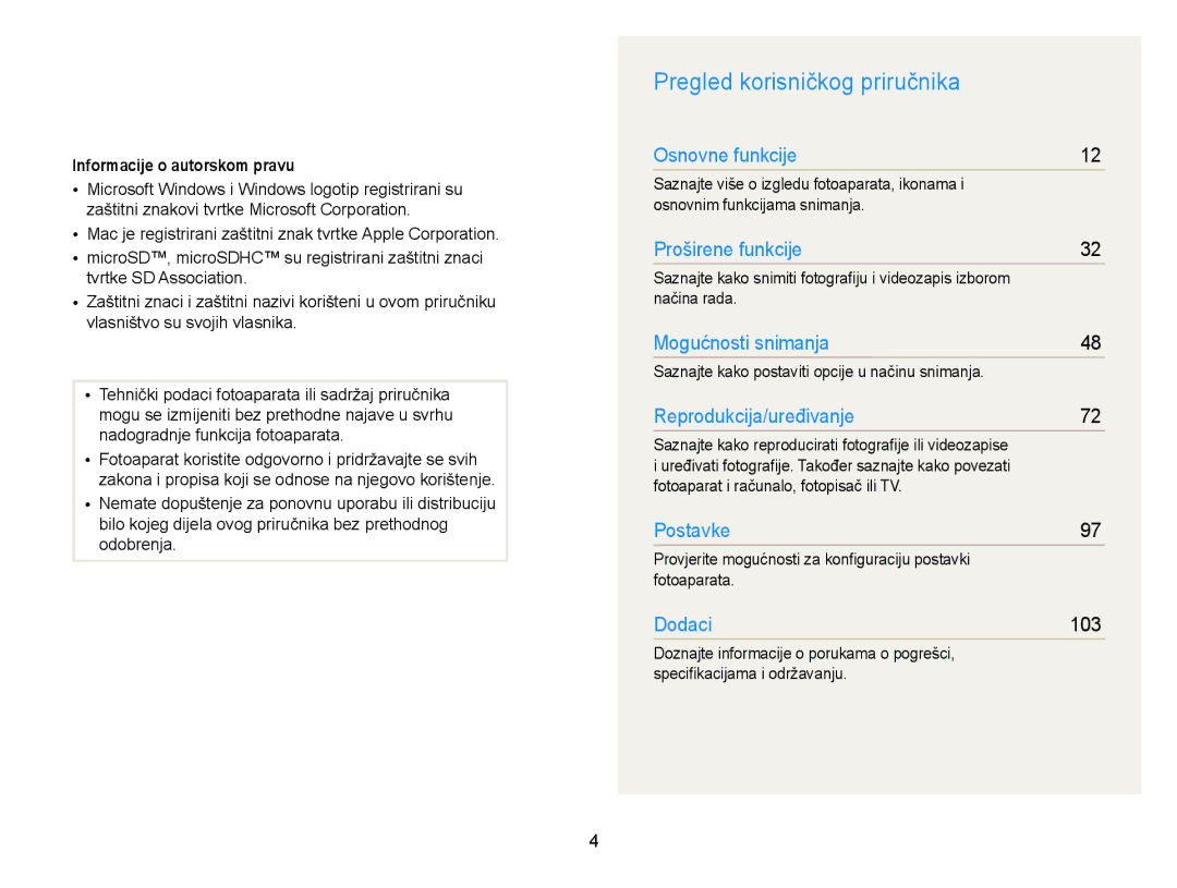 Samsung EC-ST88ZZBPBE3, EC-ST88ZZBPWE3 manual Pregled korisničkog priručnika, Informacije o autorskom pravu, Načina rada 