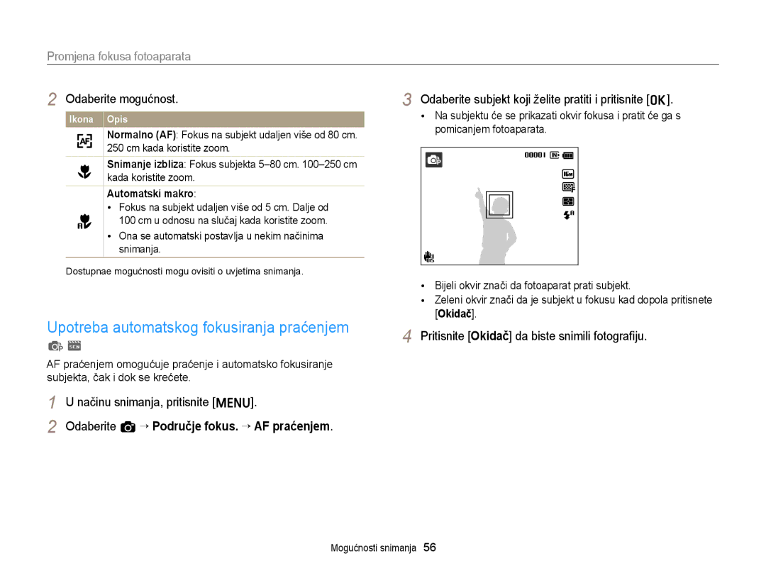 Samsung EC-ST88ZZBPBE3 manual Upotreba automatskog fokusiranja praćenjem, Promjena fokusa fotoaparata, Automatski makro 