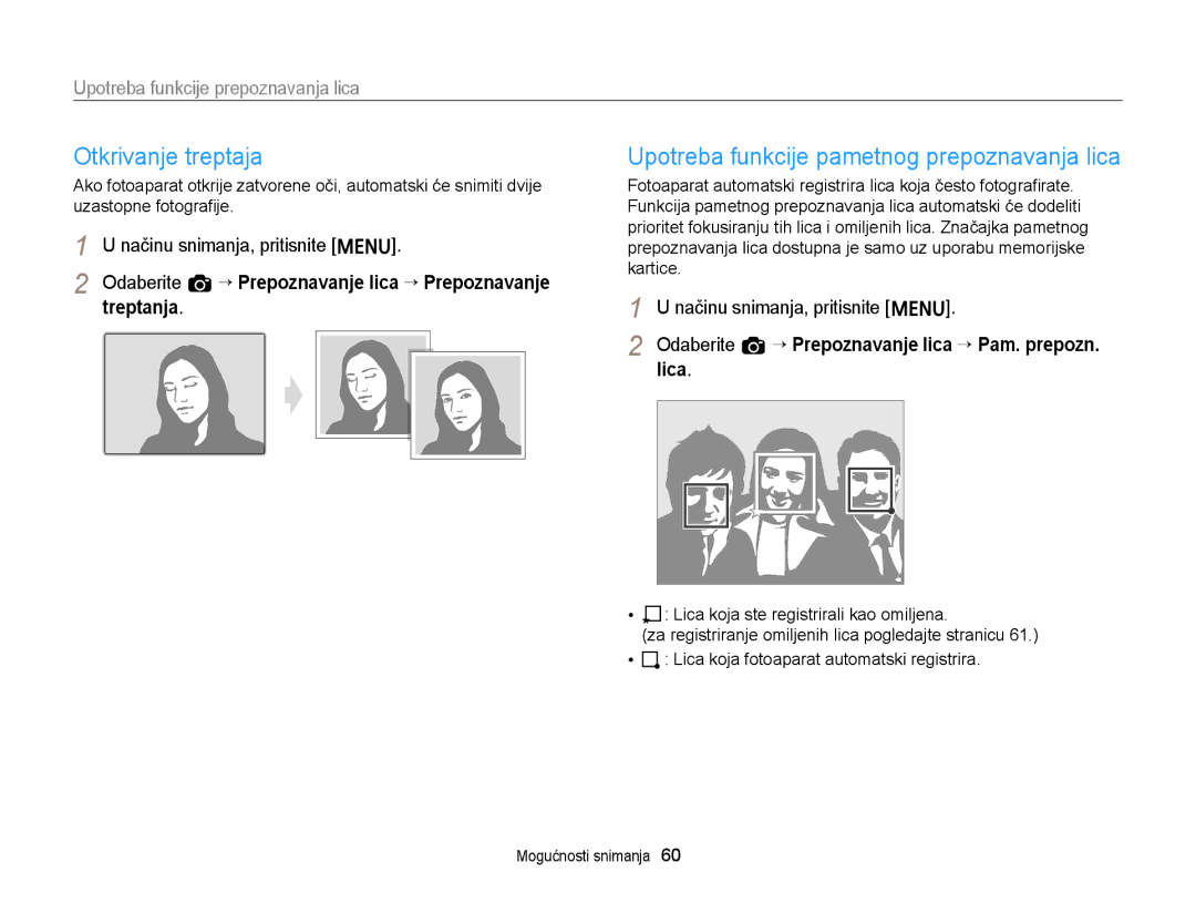 Samsung EC-ST88ZZBPBE3, EC-ST88ZZBPWE3 manual Otkrivanje treptaja, Upotreba funkcije pametnog prepoznavanja lica 
