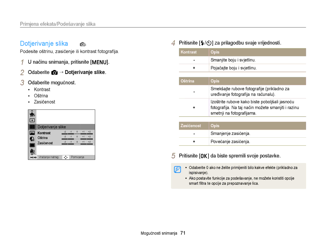 Samsung EC-ST88ZZBPWE3, EC-ST88ZZBPBE3 manual Dotjerivanje slika, Pritisnite F/t za prilagodbu svaje vrijednosti 