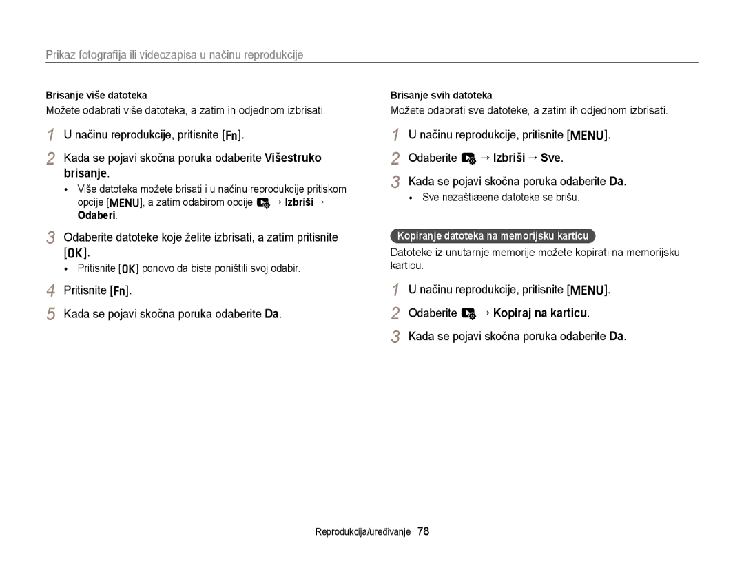 Samsung EC-ST88ZZBPBE3 manual Načinu reprodukcije, pritisnite f, Kada se pojavi skočna poruka odaberite Višestruko brisanje 