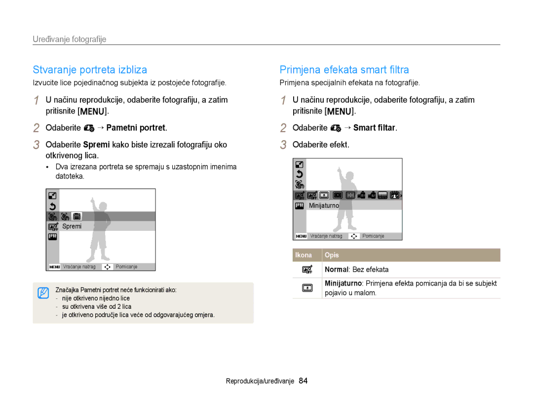 Samsung EC-ST88ZZBPBE3 Stvaranje portreta izbliza Primjena efekata smart ﬁltra, Uređivanje fotograﬁje, Otkrivenog lica 