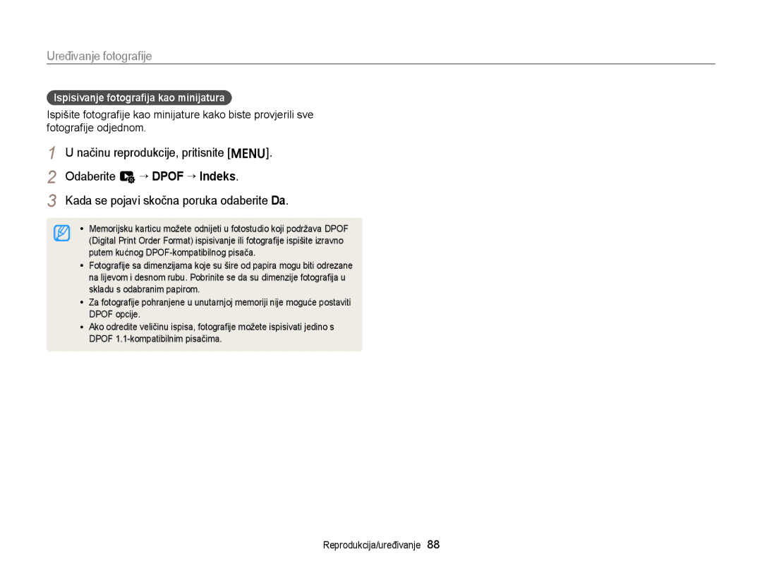 Samsung EC-ST88ZZBPBE3, EC-ST88ZZBPWE3 manual Ispisivanje fotograﬁja kao minijatura 