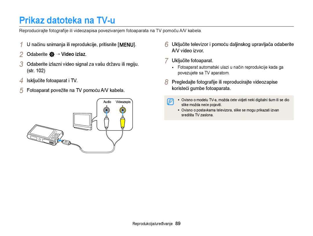 Samsung EC-ST88ZZBPWE3, EC-ST88ZZBPBE3 manual Prikaz datoteka na TV-u, Isključite fotoaparat i TV 