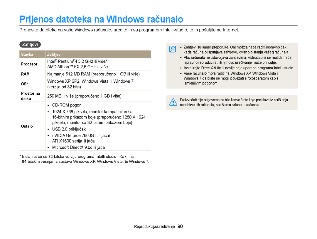 Samsung EC-ST88ZZBPBE3, EC-ST88ZZBPWE3 manual Prijenos datoteka na Windows računalo, Zahtjevi 