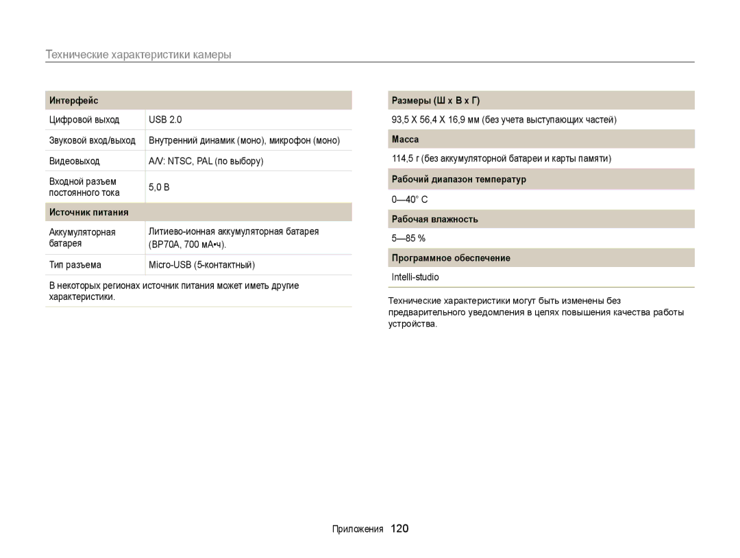 Samsung EC-ST89ZZBPBRU, EC-ST88ZZBPWRU, EC-ST88ZZBPBRU manual 93,5 X 56,4 X 16,9 мм без учета выступающих частей, 40 C, 85 % 