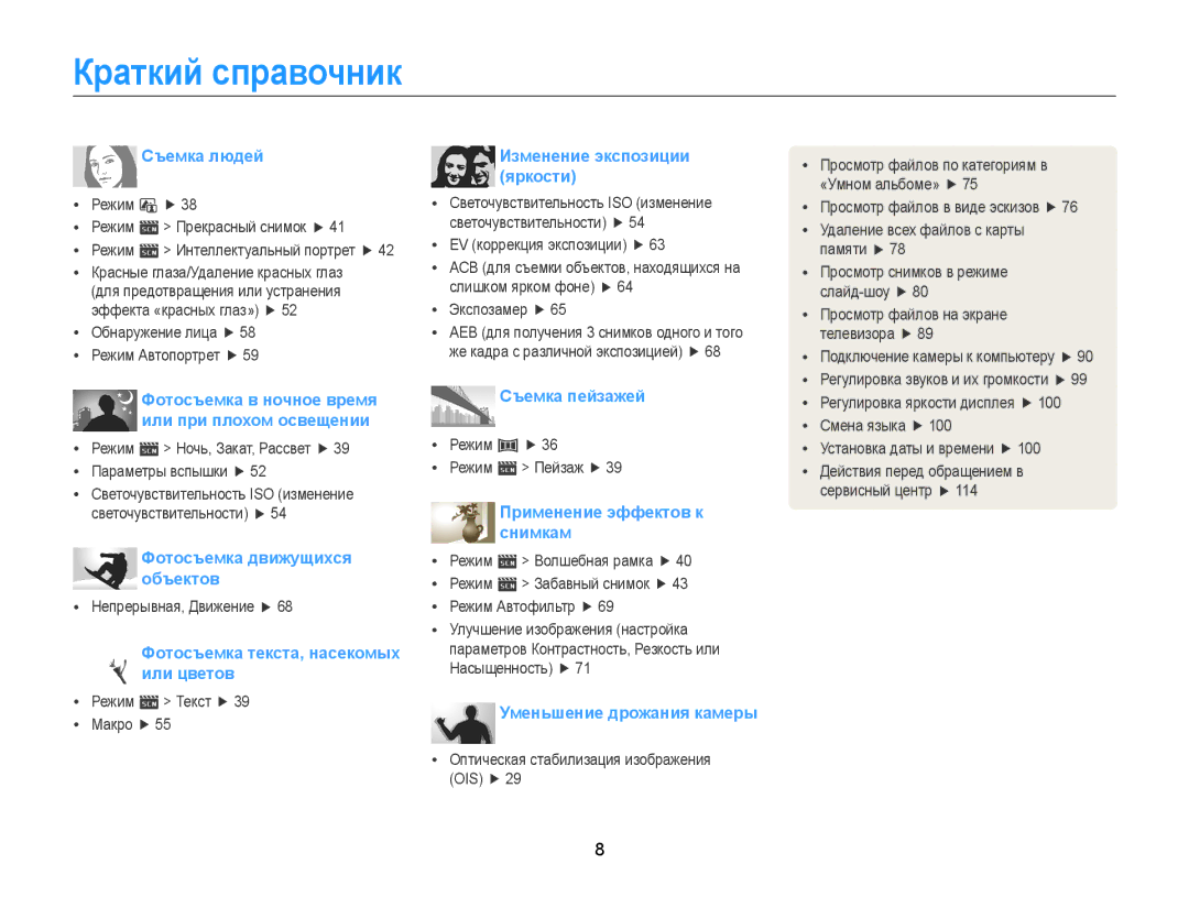 Samsung EC-ST89ZZBPBRU, EC-ST88ZZBPWRU, EC-ST88ZZBPBRU, EC-ST88ZZBPLRU, EC-ST88ZZBPLE2 manual Краткий справочник, Съемка людей 