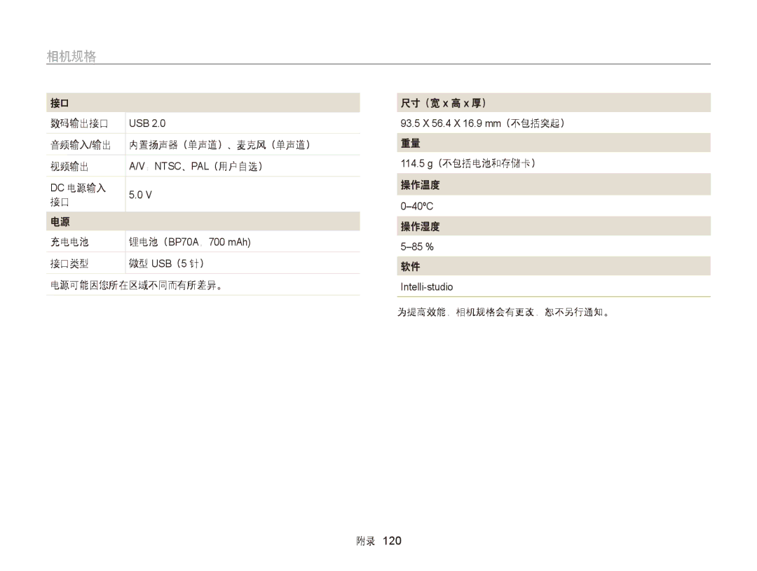 Samsung EC-ST88ZZBPLE2 manual 数码输出接口, 音频输入/输出 内置扬声器（单声道）、麦克风（单声道） 视频输出, Dc 电源输入 充电电池, 114.5 g（不包括电池和存储卡） 操作温度, 操作湿度 