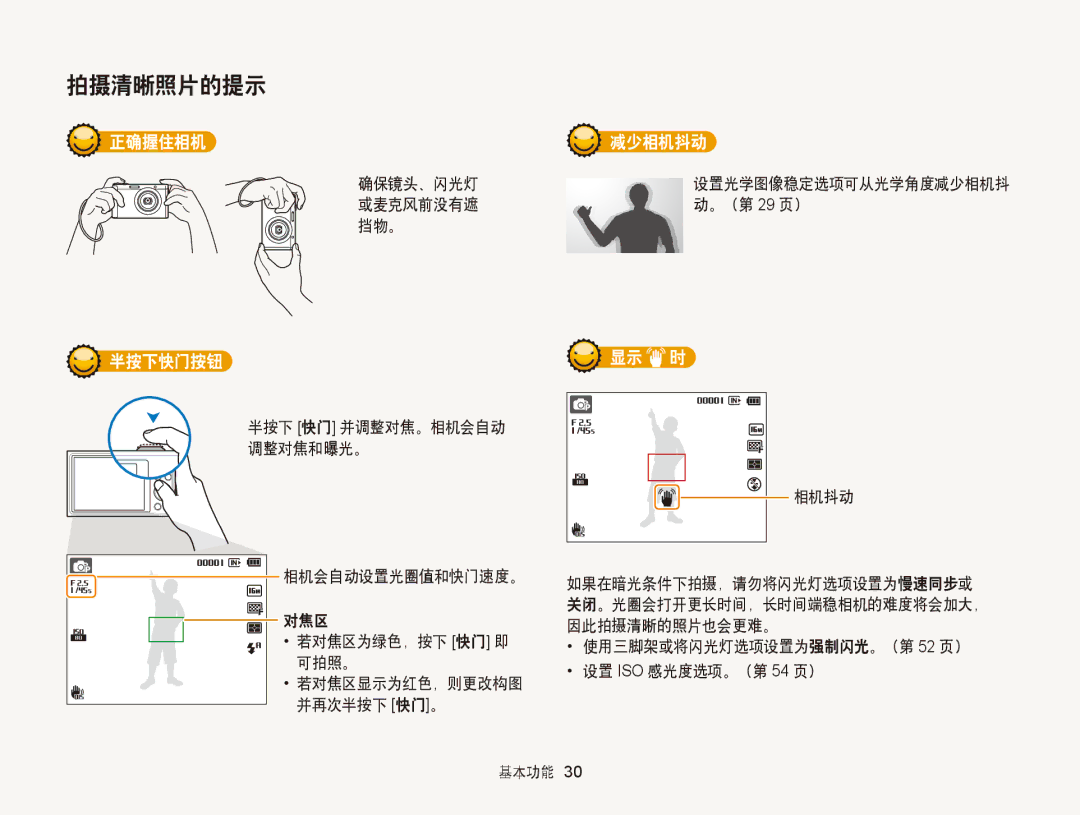 Samsung EC-ST88ZZBPLE2, EC-ST88ZZFPBE3, EC-ST88ZZBPWE3, EC-ST88ZZFPWE3, EC-ST88ZZBPBE3 manual 正确握住相机, 半按下快门按钮, 减少相机抖动, 显示 时 