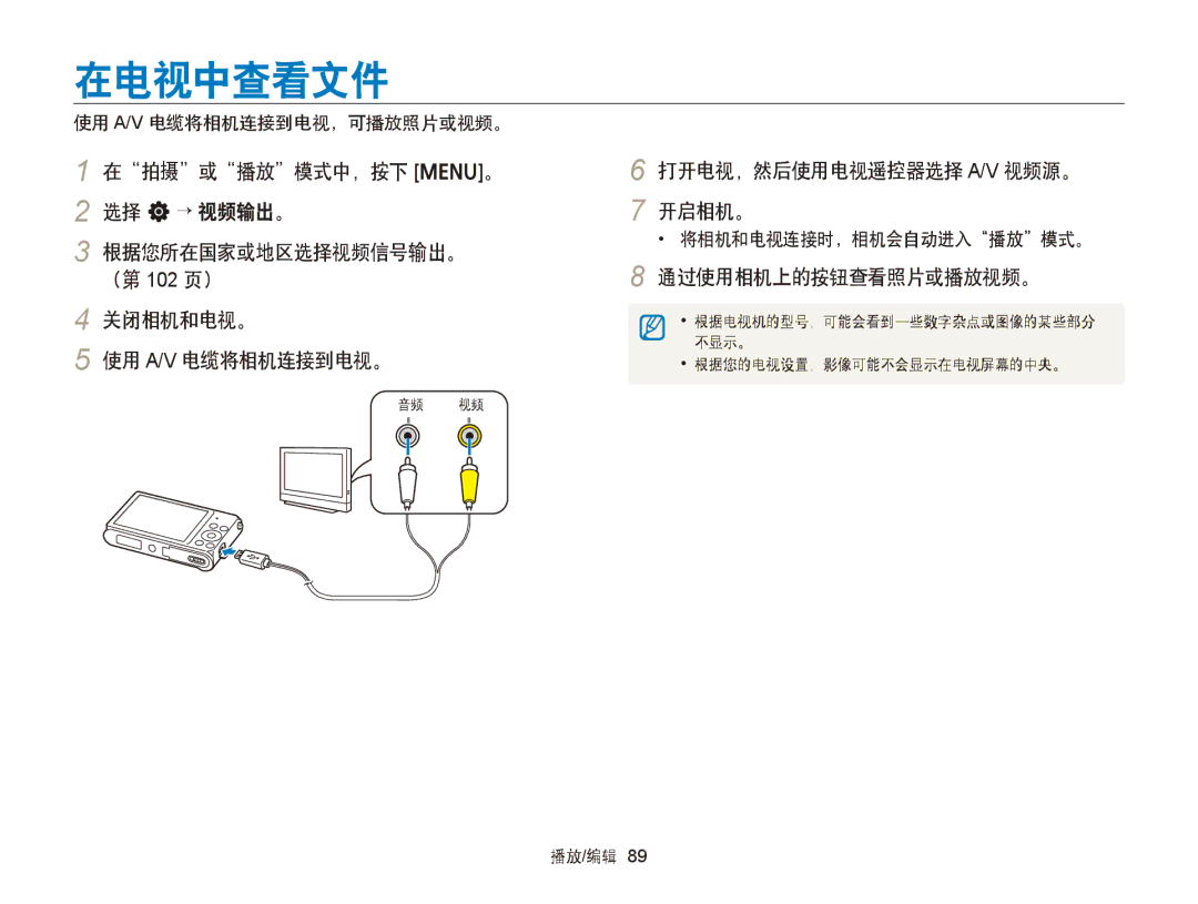 Samsung EC-ST88ZZFPBE3 manual 在电视中查看文件, 打开电视，然后使用电视遥控器选择 A/V 视频源。 开启相机。, 通过使用相机上的按钮查看照片或播放视频。, 使用 A/V 电缆将相机连接到电视，可播放照片或视频。 