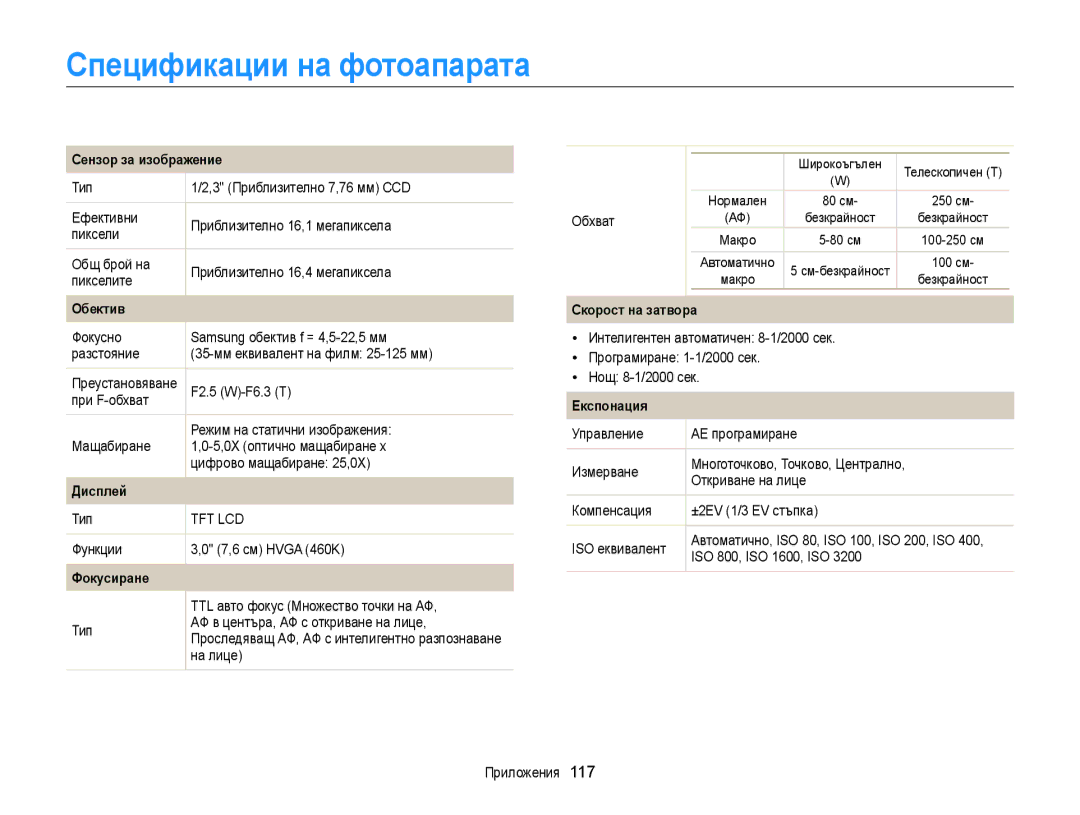 Samsung EC-ST88ZZFPWE3, EC-ST88ZZFPBE3, EC-ST88ZZBPWE3, EC-ST88ZZBPBE3 manual Спецификации на фотоапарата 